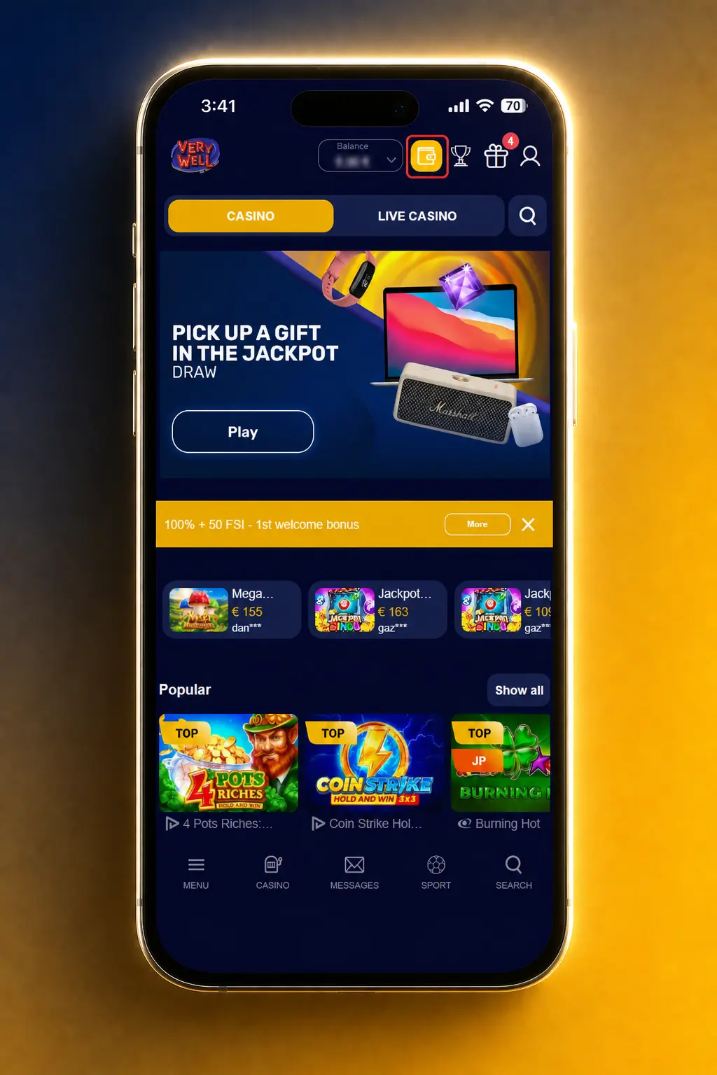 Step-by-step deposit instructions on the VeryWell app for UK users, showing wallet, payment options, and confirmation screen.