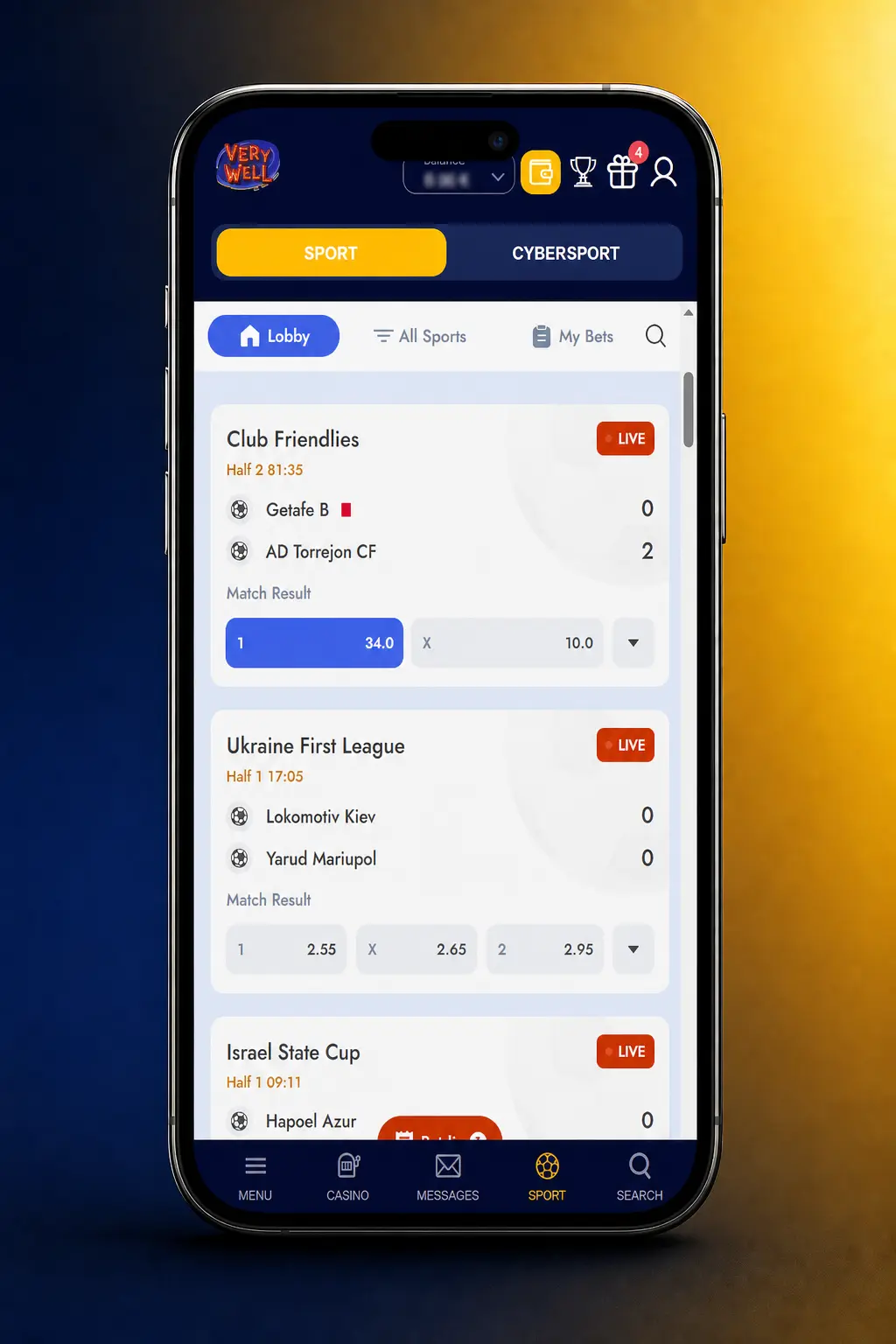 Screenshot showing how to place a bet in the VeryWell app, including odds selection, stake entry, and bet confirmation steps.
