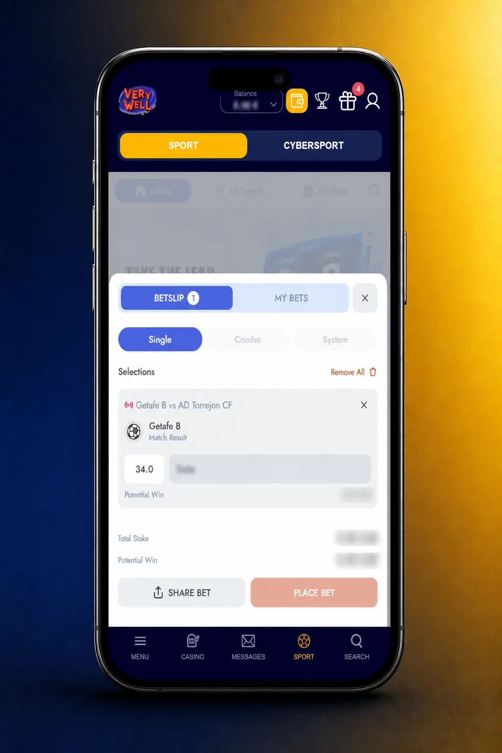 Screenshot showing how to place a bet in the VeryWell app, from selecting odds to confirming your stake