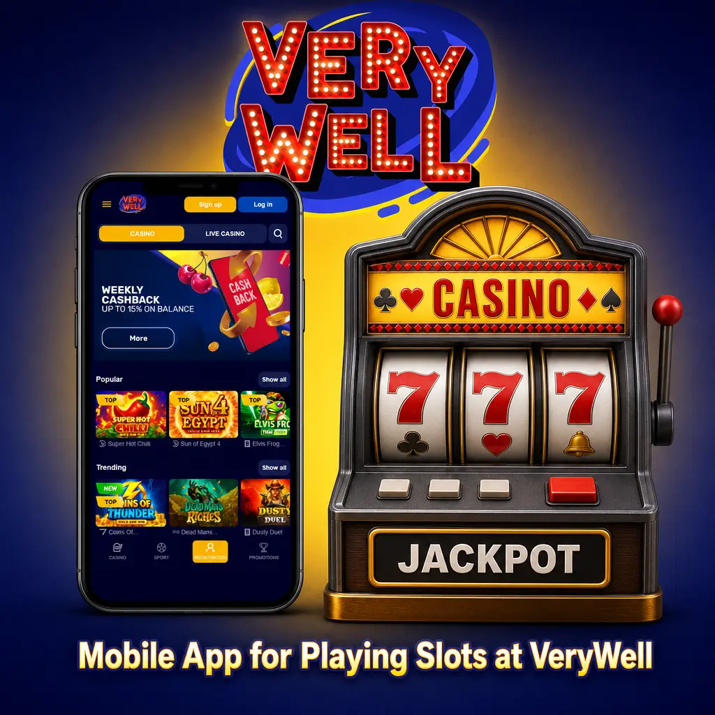 VeryWell mobile app slots lobby screen showing spin history, bonus balance and one-handed gameplay layout