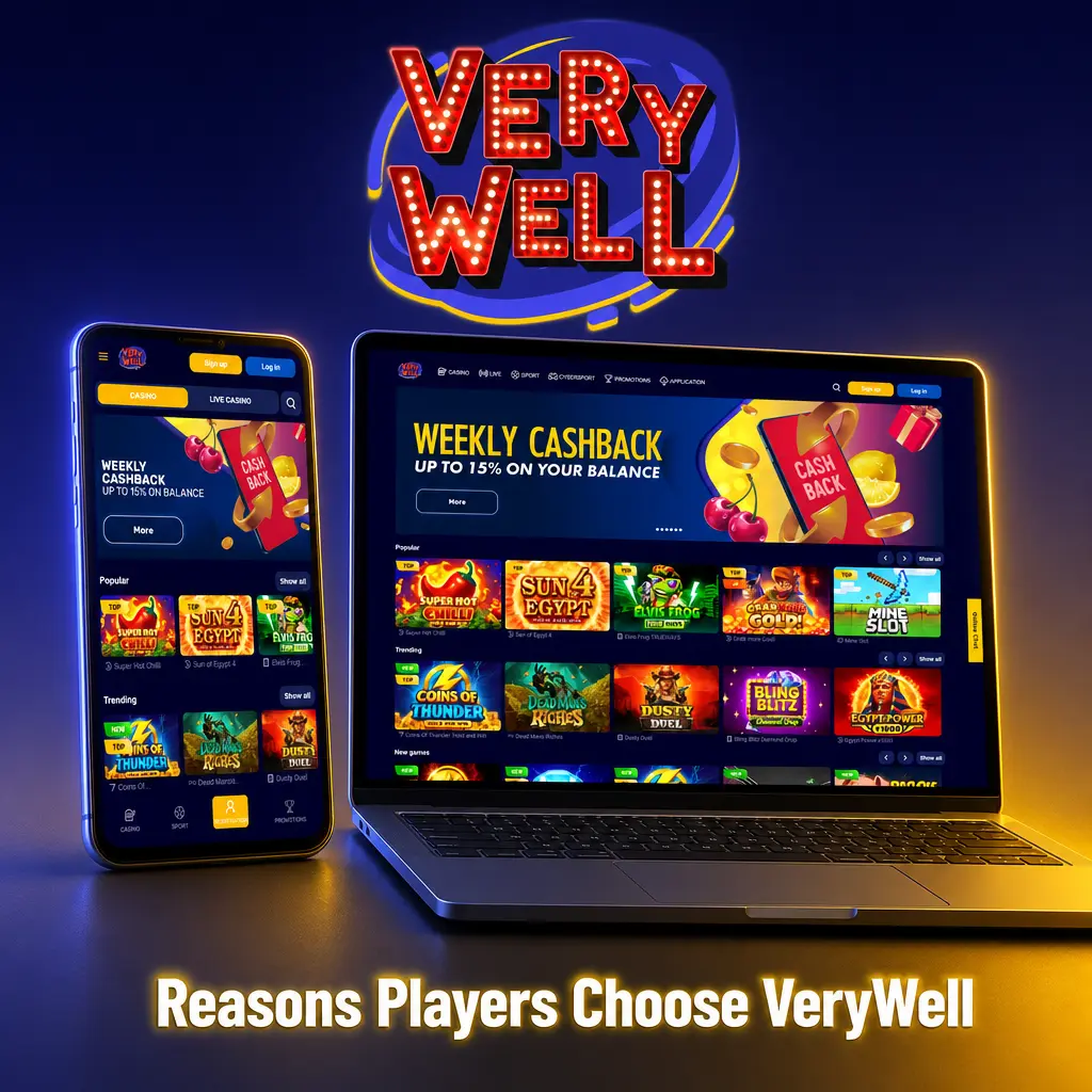 VeryWell platform showing sportsbook and casino lobby with 4,200+ games, welcome bonus, and payment options.
