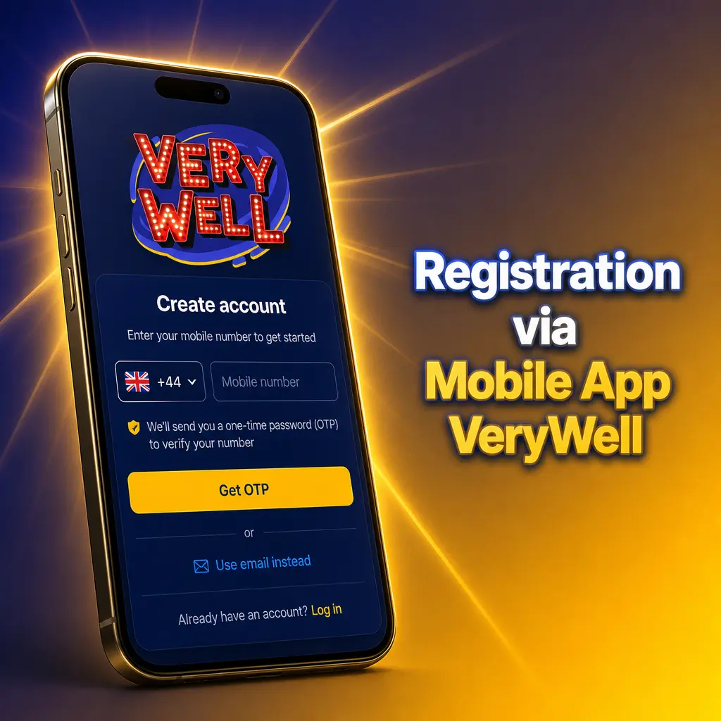 Screenshot showing how to register on the VeryWell mobile app using email, phone or social account sign-up