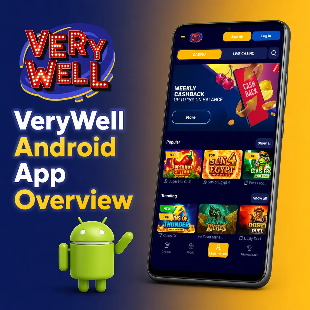 VeryWell Android app screen showing sports betting and casino games available for free download in the UK