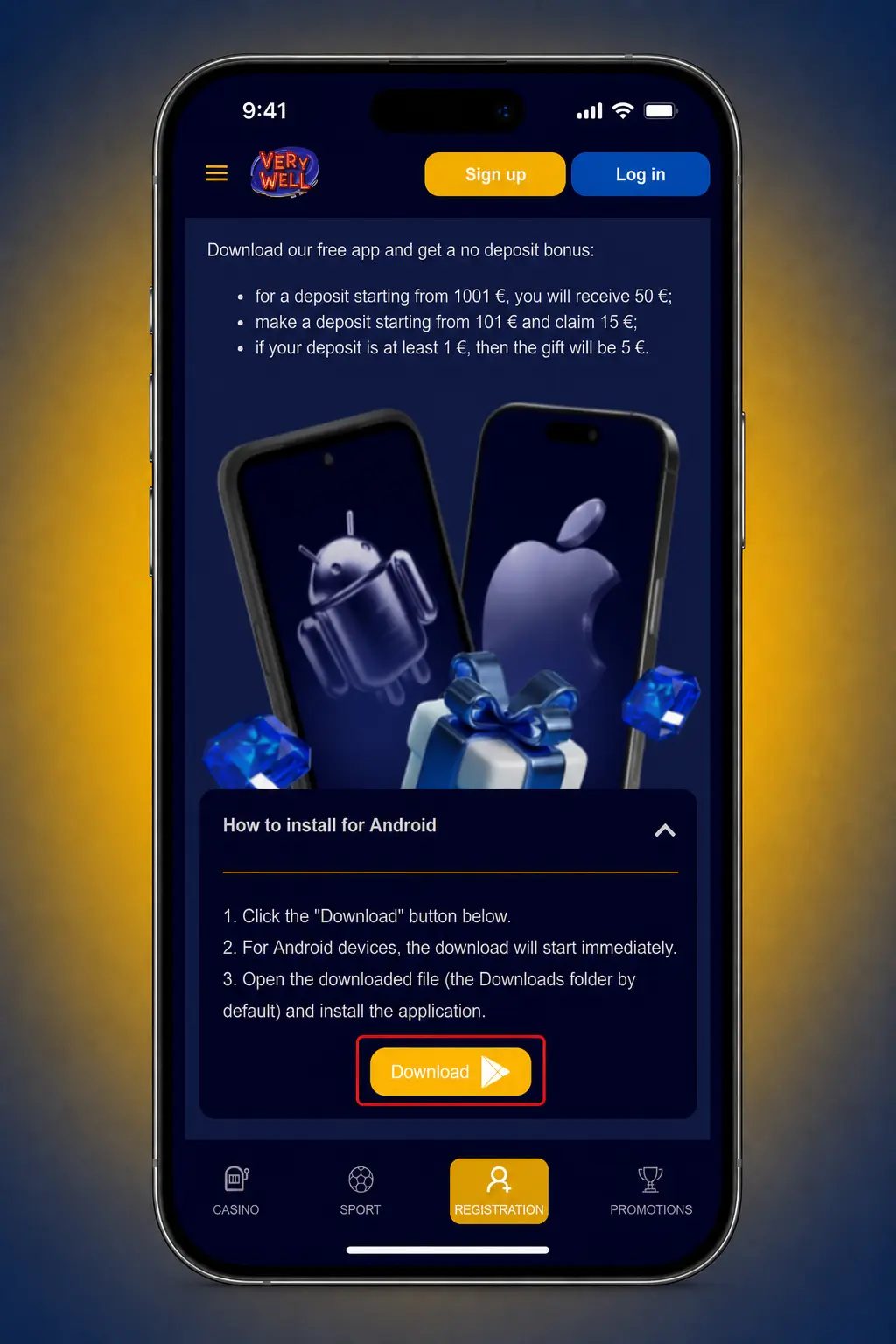 VeryWell APK download for Android showing the 4-step installation process for the sportsbook and casino app.