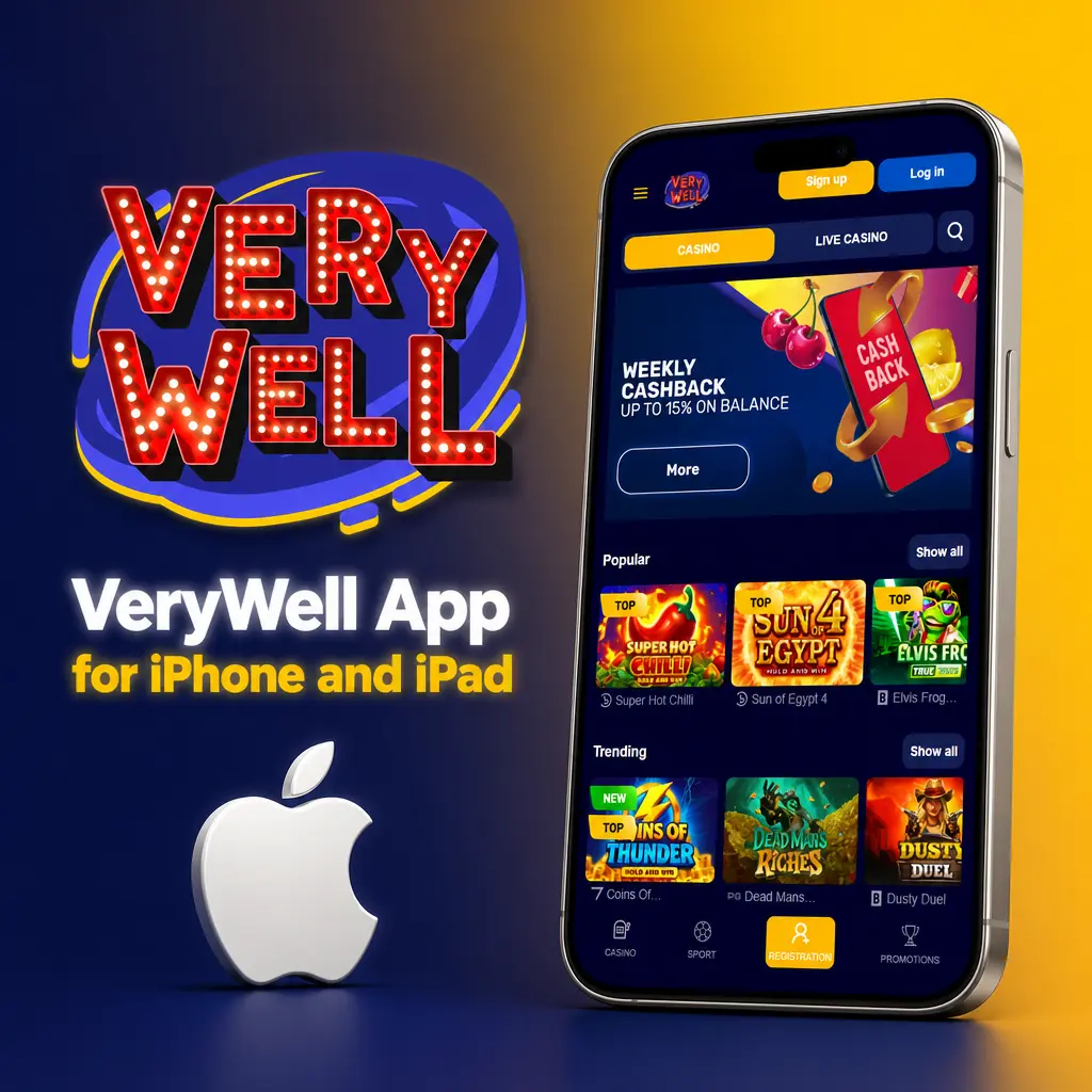 VeryWell app running on iPhone and iPad showing sportsbook markets, casino slots and live betting features