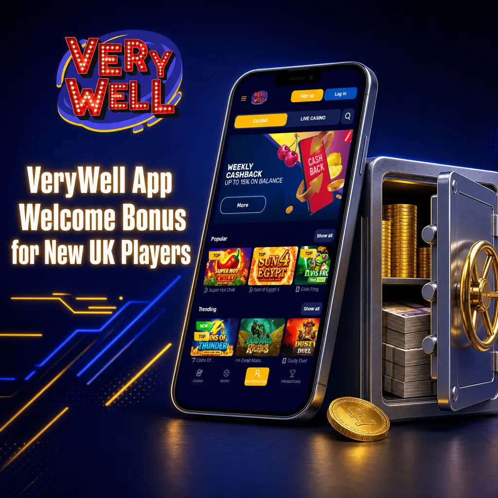 VeryWell app welcome bonus screen for new UK players, showing Sports and Casino sign-up offer options