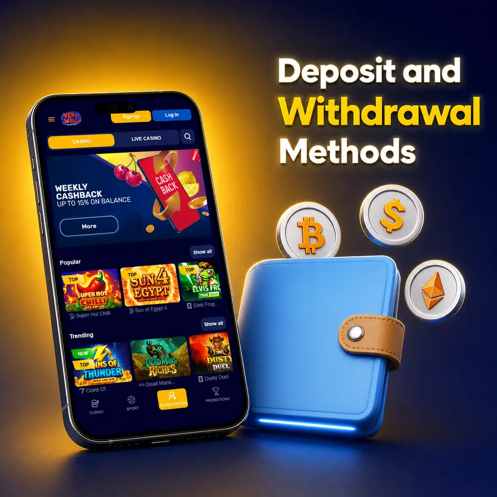 VeryWell casino deposit and withdrawal methods including Visa, Mastercard, Apple Pay, Skrill, Bank Transfer and Bitcoin