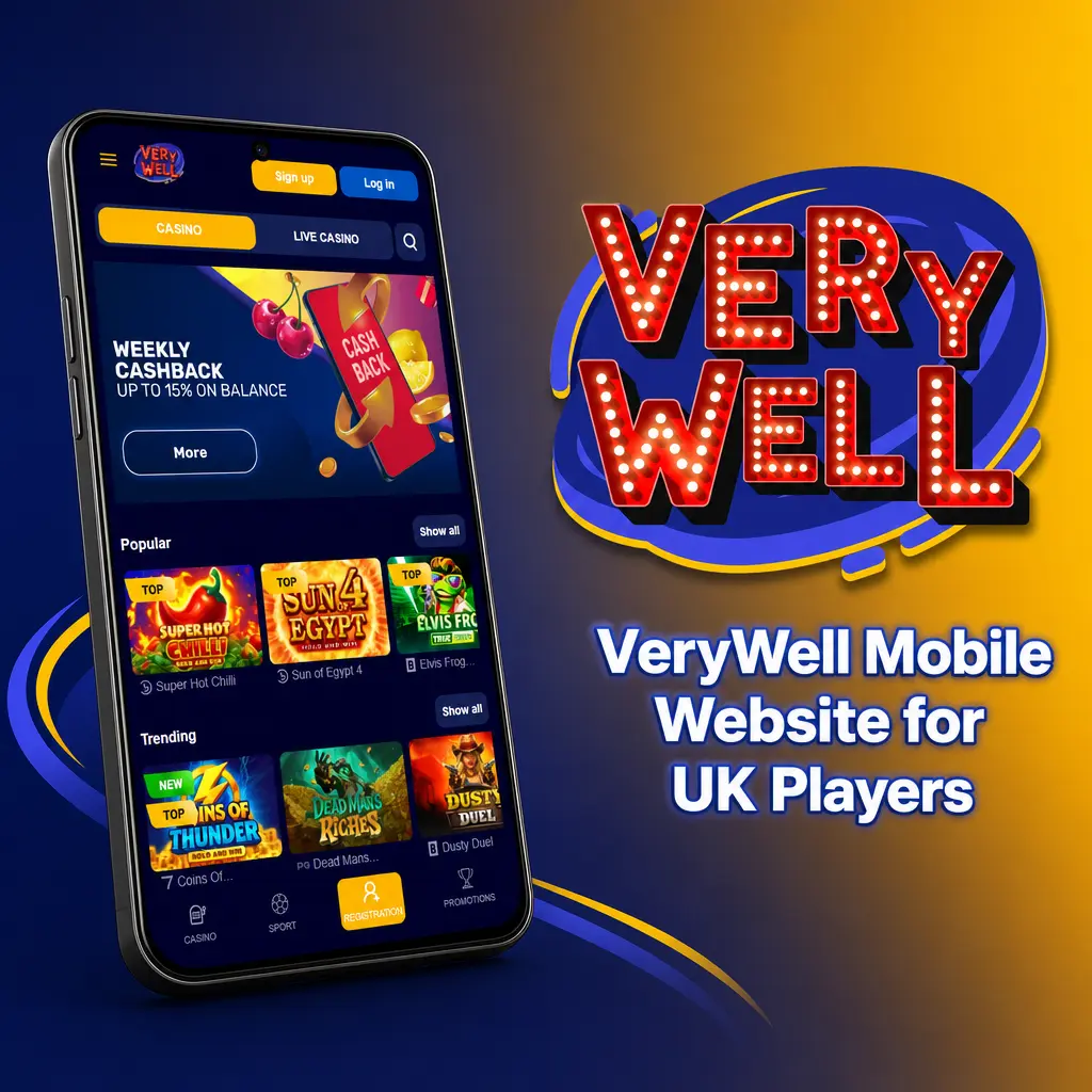 VeryWell mobile website for UK players offering sportsbook betting and casino games on iOS and Android without downloads