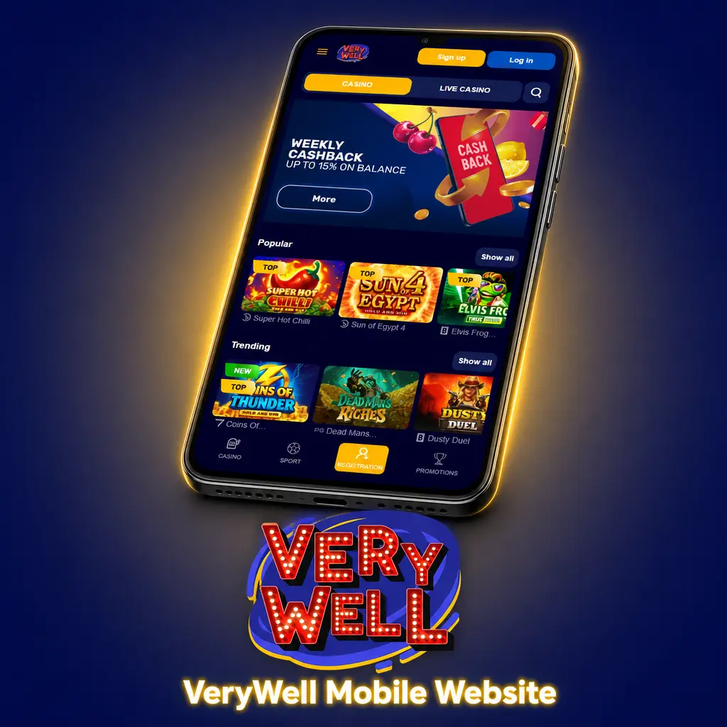VeryWell mobile website homepage showing sportsbook and casino access via smartphone browser, no app download needed