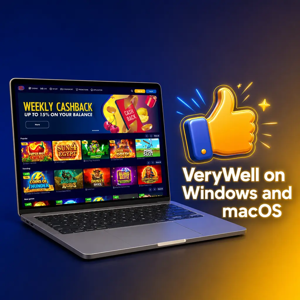 VeryWell website interface shown on Windows and macOS browsers with betting odds, slots and balance history