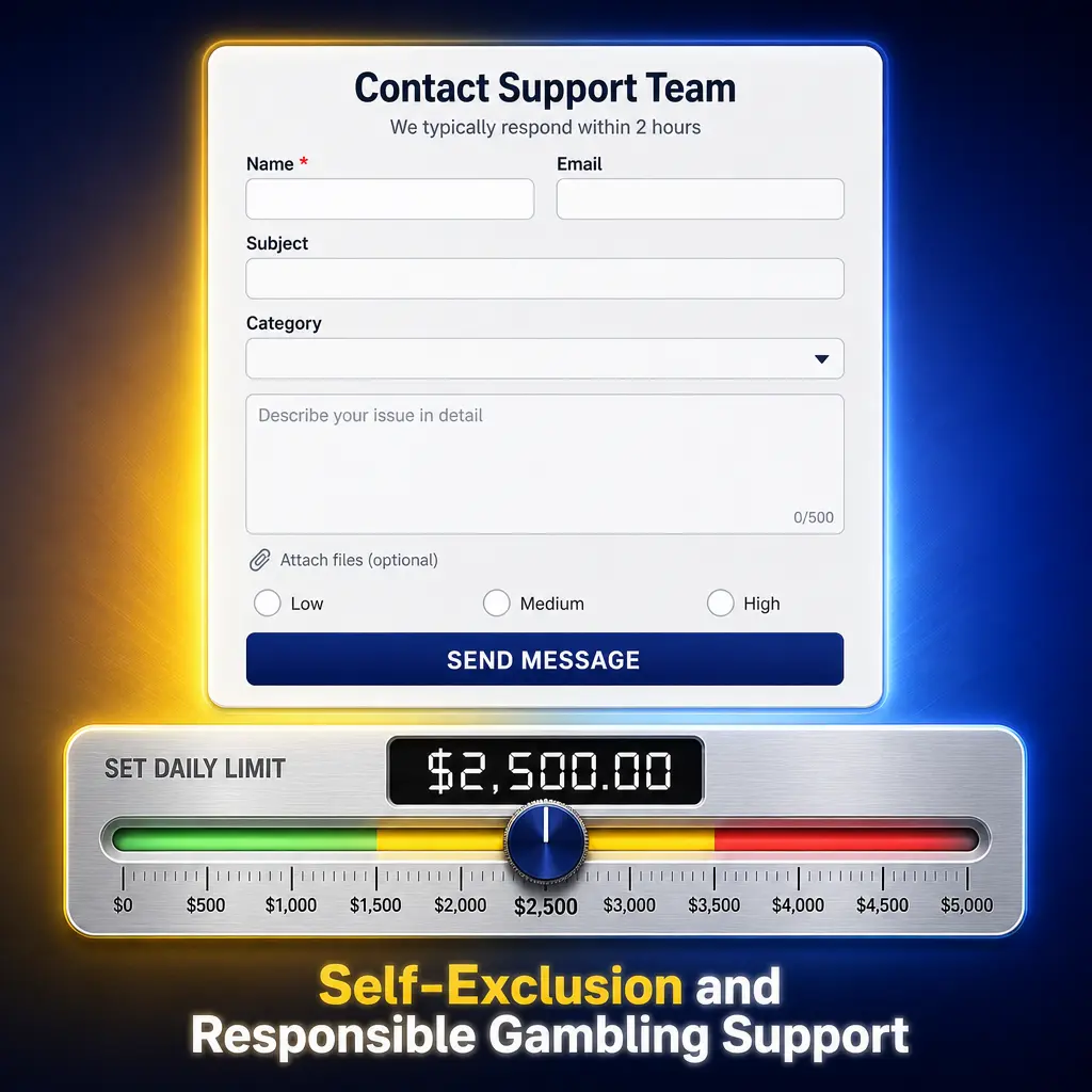 VeryWell customer support offers self-exclusion, deposit limits, loss limits, and cool off periods for responsible gambling.