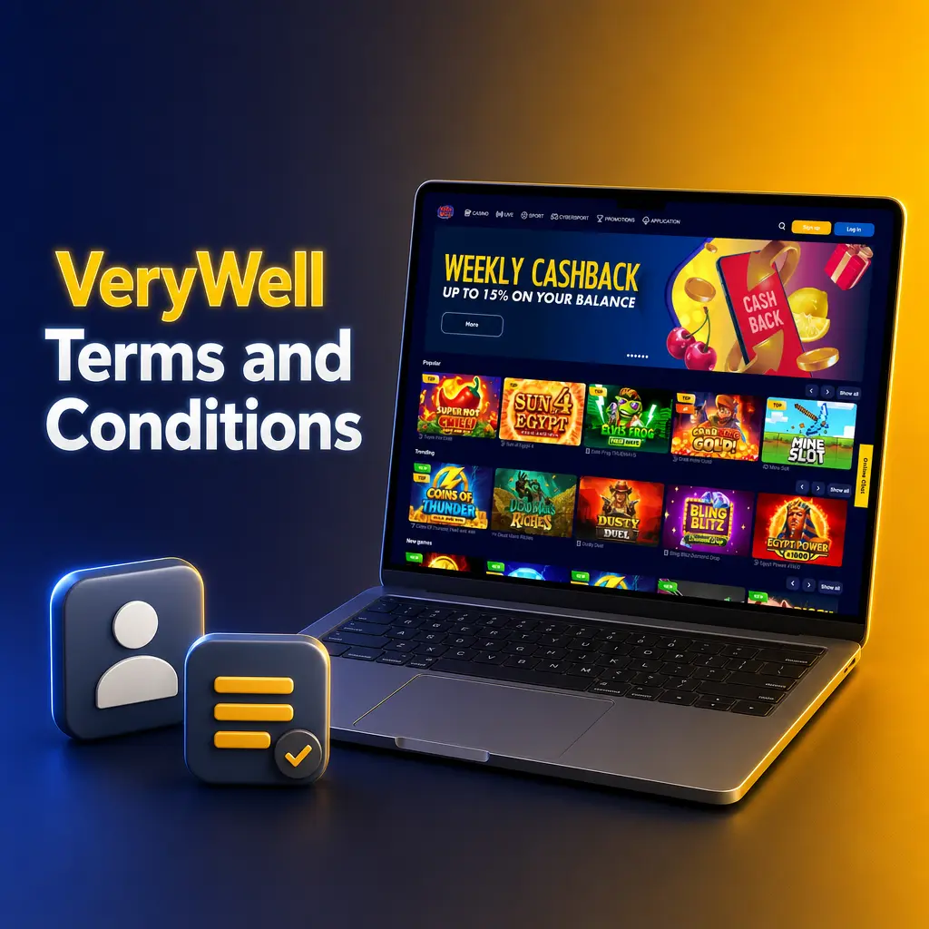 VeryWell Terms and Conditions covering account rules, age limits, wagering requirements, and withdrawal verification policies.