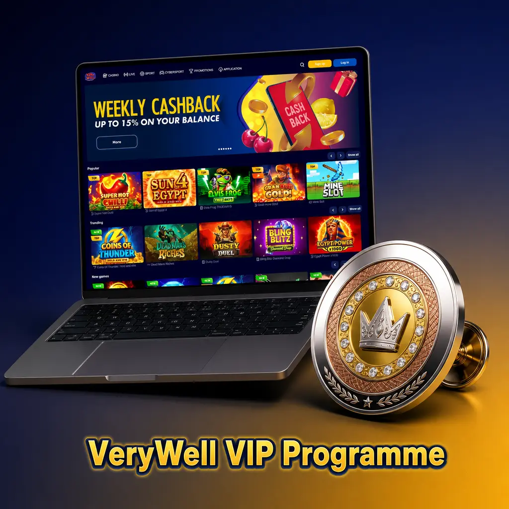 VeryWell VIP Programme tiers from Bronze to Diamond showing cashback rates up to 15% and faster withdrawals