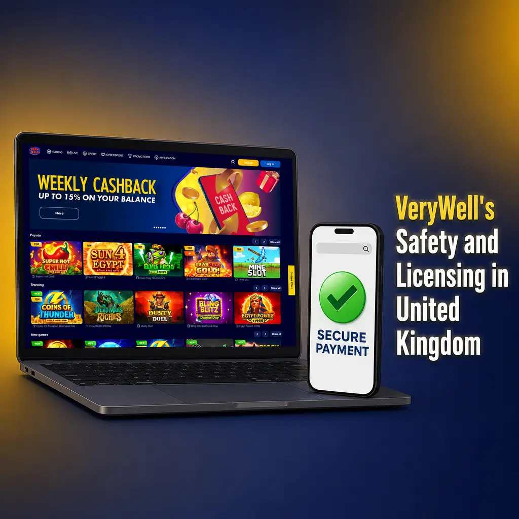 VeryWell UK safety overview: Curaçao licence 8048/JAZ2024-089, SSL encryption, privacy policy and responsible gaming tools.