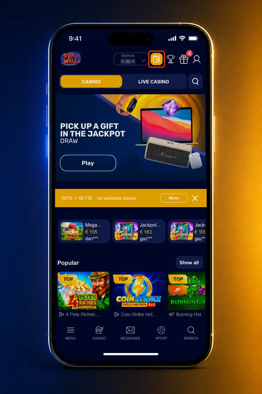 Screenshot showing how to withdraw money from the VeryWell app, selecting withdrawal method and amount between GBP 20-5,000.