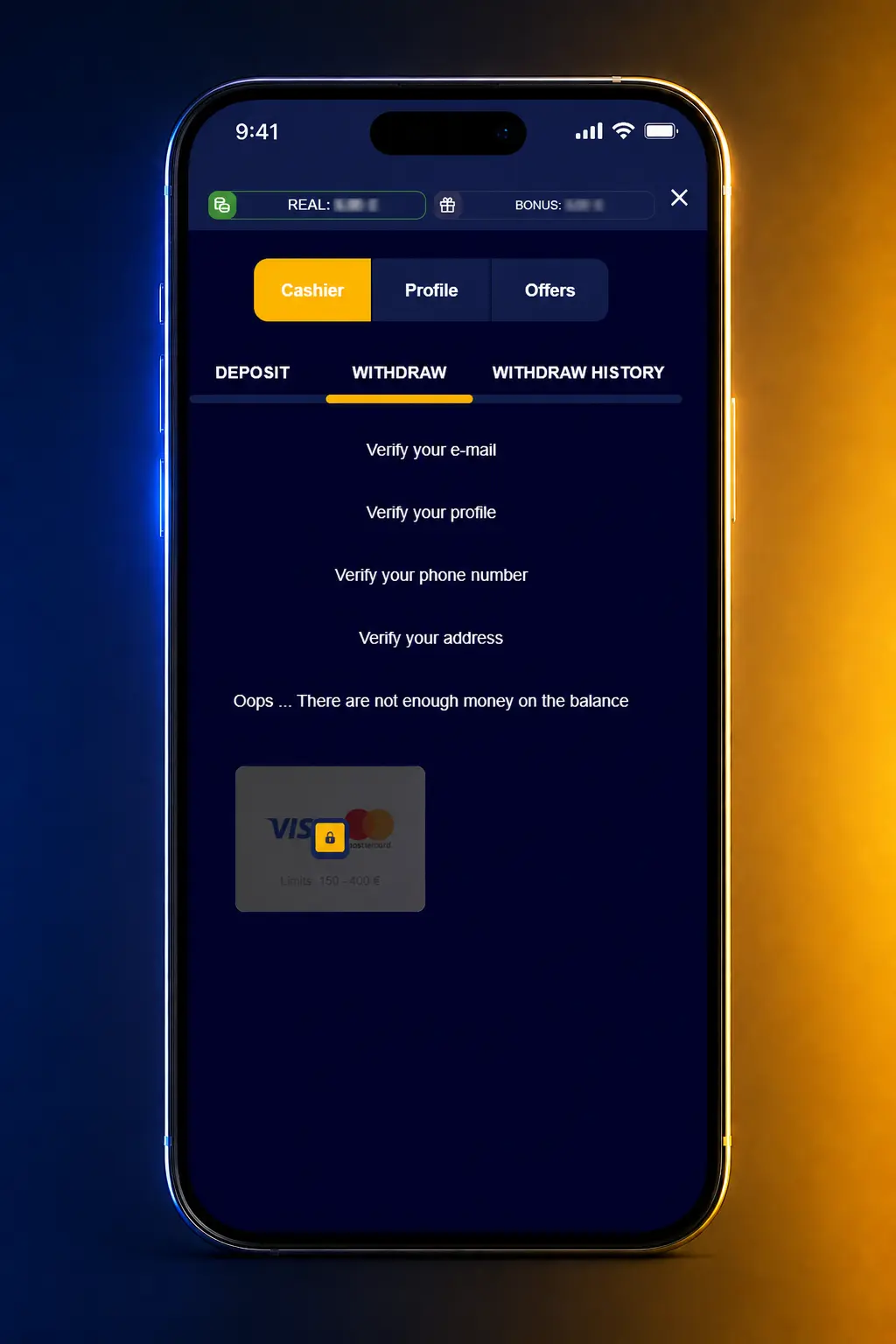 Withdraw money from the VeryWell app by selecting Withdraw, choosing a payout method, and confirming with Face ID or PIN.