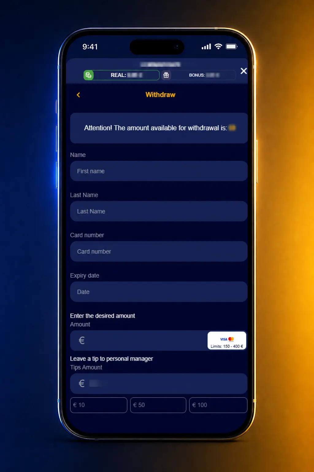 Screenshot showing how to withdraw money from the VeryWell app via Wallet menu, choosing payout method and confirming with Face ID or PIN