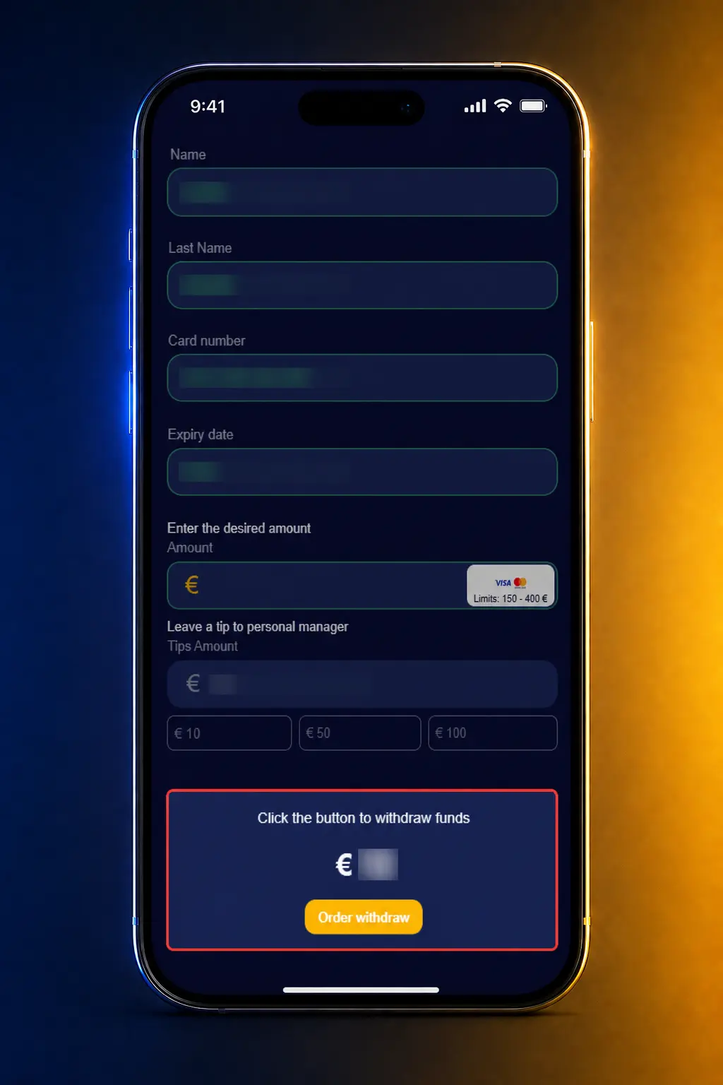 Screenshot of the VeryWell app showing withdrawal options including Bank Transfer, card, and crypto wallet payout methods.